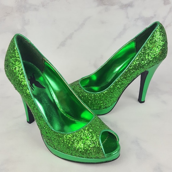 Shiekh Shoes - Shiekh Green Glitter Peep Toe Platform Heels Sz 7